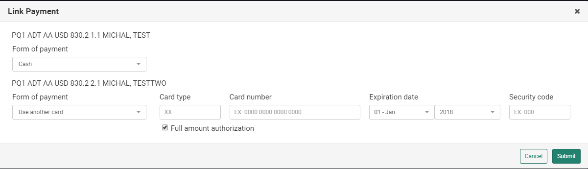 Modal with link payment form with choosen credit card